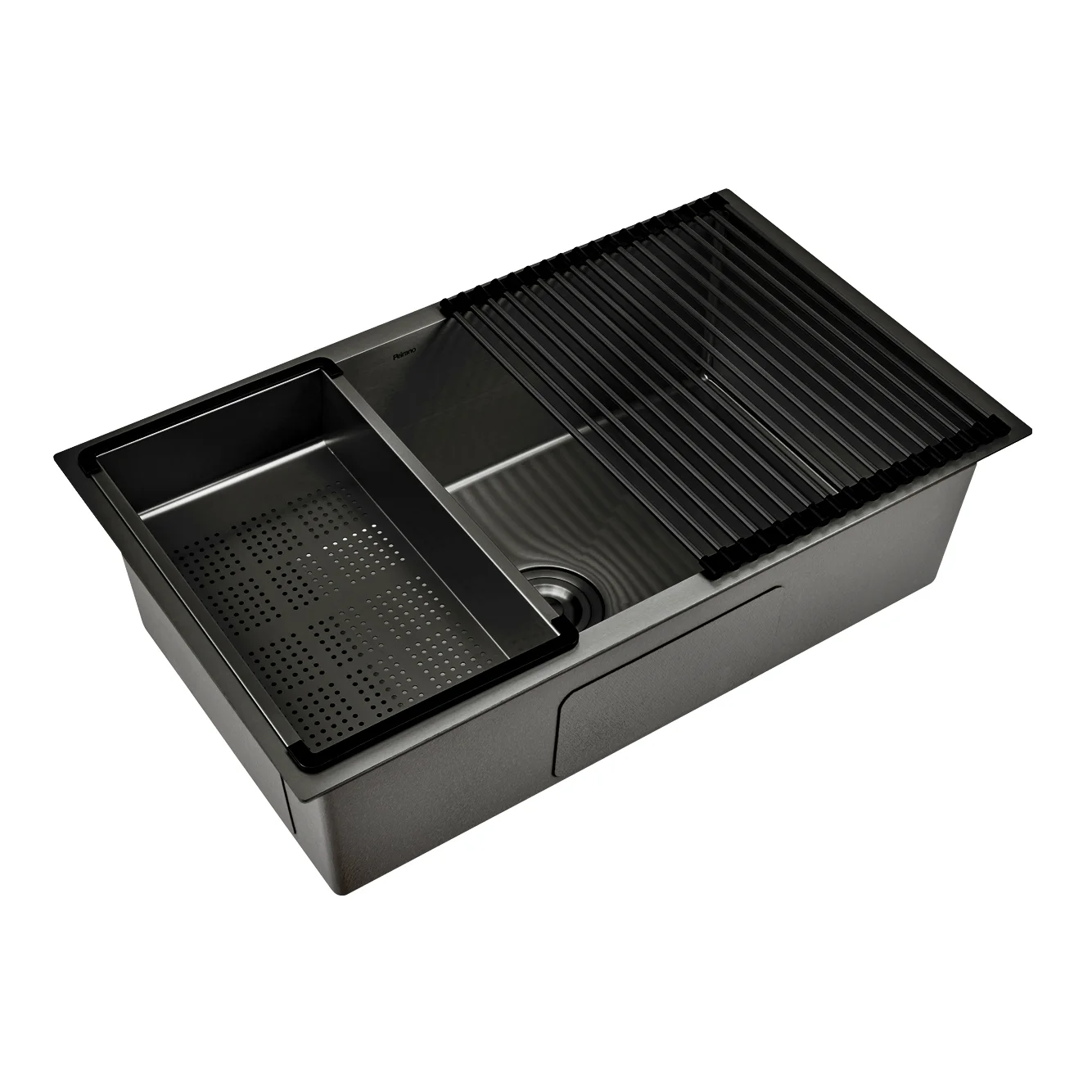 Peirano Bacha de cocina embutida con accesorios · Black Gun Brushed · 750 × 450 × 220